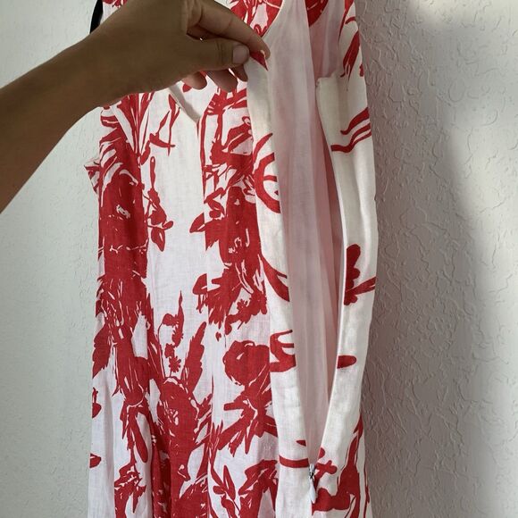 Coldwater Creek Dress Women 12 White Red Floral 100% Linen Pleated Beach Coastal - Picture 4 of 8